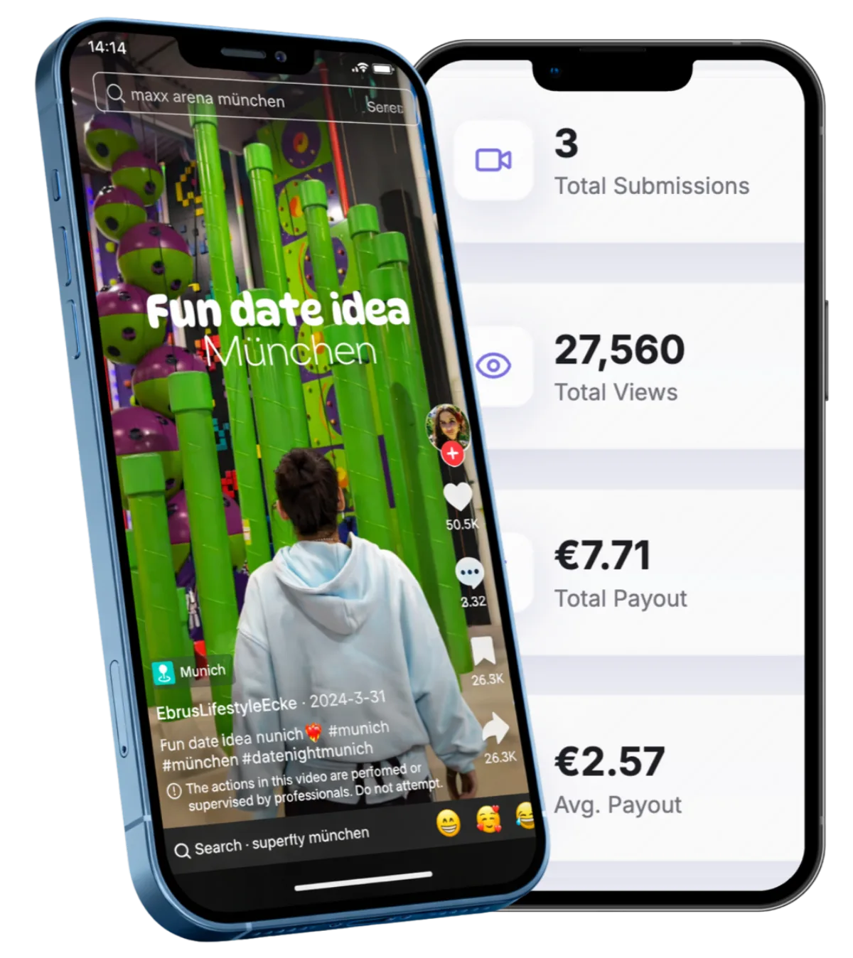 Two-phone product mockup: a guest's TikTok 'Fun date idea Munich' beside the Whisper venue dashboard showing 3 submissions, 27,560 verified views and a EUR 7.71 payout