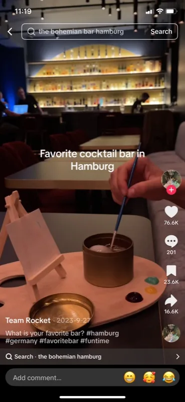 Real guest TikTok screenshot: 'Favorite cocktail bar in Hamburg' at The Bohemian Bar, 76.6K likes