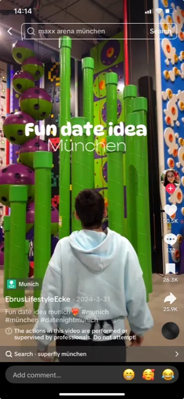 Real guest TikTok screenshot: 'Fun date idea Munich' climbing and play venue, 50.5K likes