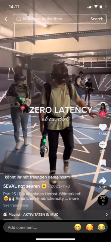 Real guest TikTok screenshot: Zero Latency VR arena in Munich, 37.8K likes